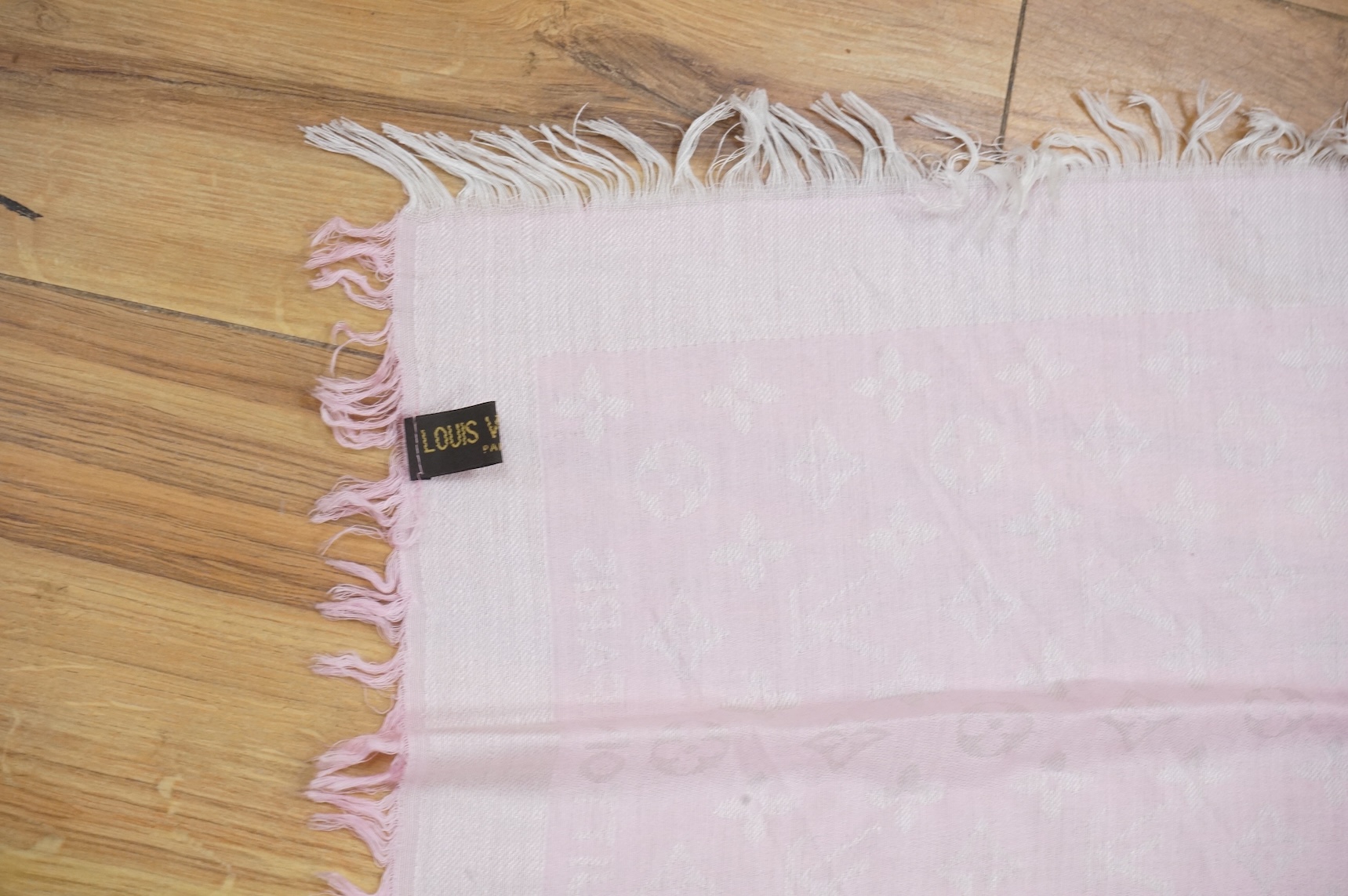 A Louis Vuitton silk Monogram Poodle Animalle Bandeau scarf and a pale pink Louis Vuitton fringed scarf